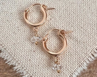 Tiny Herkimer Diamond Gold Hoop Huggie Earrings in 14K Gold Fill