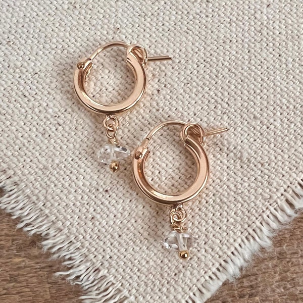 Tiny Herkimer Diamond Gold Hoop Huggie Earrings in 14K Gold Fill