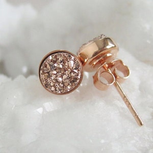 Rose Gold Druzy Stud Earrings | Dainty Raw Stone Studs | Druzy Jewelry