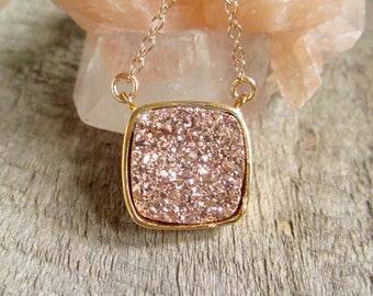 Rose Gold Druzy Necklace, Drusy Necklace, Druzy Quartz Jewelry, Gemstone Necklace, Layered Necklace, Raw Stone Necklace