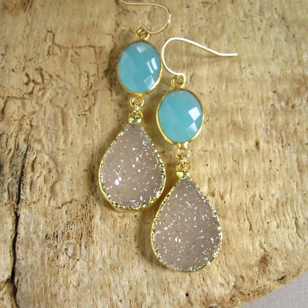 Sand Druzy Earrings Drusy Quartz Aqua Chalcedony 24K Gold Vemeil