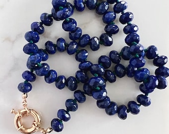 Hand Knotted Gemstone Necklace, Blue Lapis Necklace, 14K Gold Fill Mariner Sailor’s Clasp