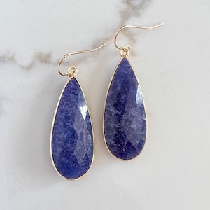 Blue Sapphire Dangle Earrings, Large Gemtone Drops in 14K Gold Fill