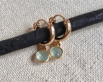 Tiny Sea Green Chalcedony Huggie Hopp Earrings in 14K Gold Fill