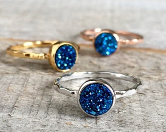 Tiny Blue Druzy Ring Size 7, Thin Gold Ring, Gemstone Ring