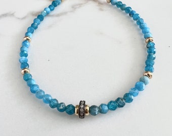 Blue Apatite Beaded Gemstone Bracelet, Delicate Pave Diamond Bracelet, Gold Bracelet