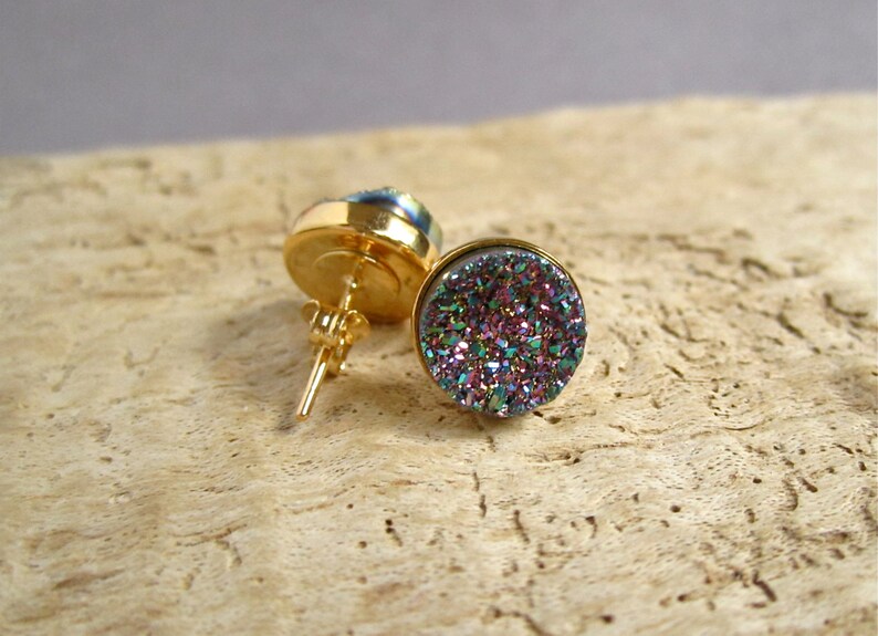 Druzy Earrings Druzy Stud Earrings Peacock Druzy Rainbow Etsy