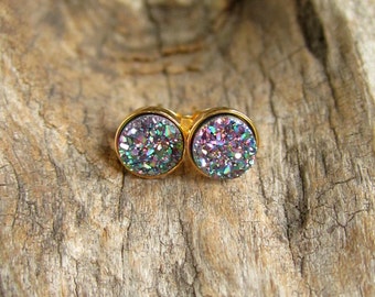 Tiny Druzy Earrings Peacock Drusy Quartz Studs Gold Vermeil Bezel Set