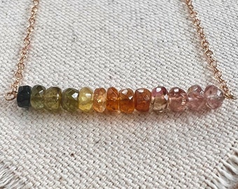 Glittering Rainbow Tourmaline Bar Necklace 14K Gold Fill