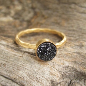 Tiny Black Druzy Ring, Gold Gemstone Ring image 1