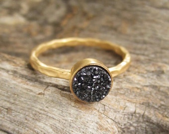 Tiny Black Druzy Ring, Gold Gemstone Ring