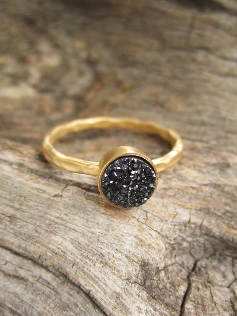 Tiny Black Druzy Ring, Gold Gemstone Ring image 1