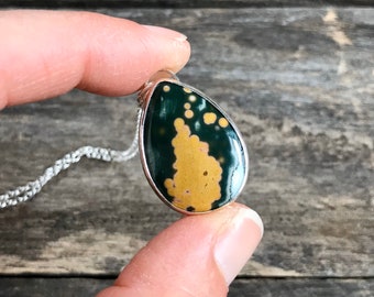 Handmade Ocean Jasper Sterling Silver Necklace: Orb Stone Pendant