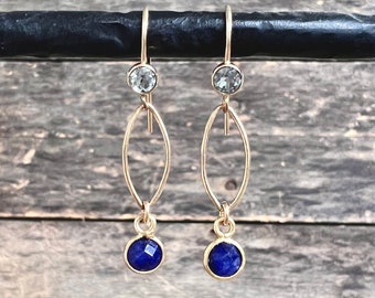 Gold Hoop Earrings, Blue Sapphire and Topaz Earrings, Gemstone Earrings, Statement Earrings