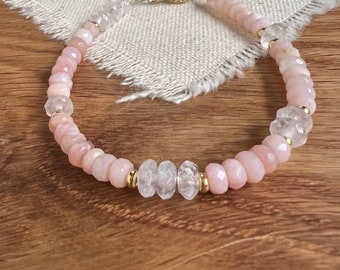 Pink Beaded Bracelet, Rose Quartz and Pink Opal Gene Bracelet in 14k Gold Fill