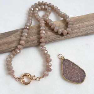 Hand Knotted Gemstone Necklace, Long Layering Druzy Necklace, 14K Gold Fill Mariner Sailor’s Clasp
