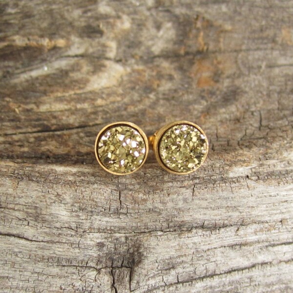 Tiny Gold Druzy Earrings Drusy Quartz Studs Vermeil Bezel Set