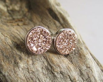 Rose Gold Druzy Earrings Titanium Drusy Quartz Studs Sterling Silver Bezel Set