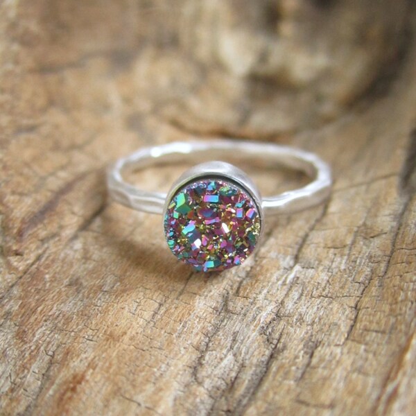 Tiny Peacock Druzy Ring Titanium Drusy Quartz Sterling Silver Hammered Band