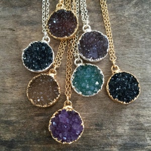 Round Druzy Necklace: Natural Quartz Pendant, 14K Gold Fill Chain