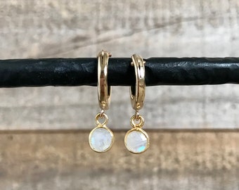 Tiny Moonstone Gold Hoop Huggie Earrings in 14K Gold Fill