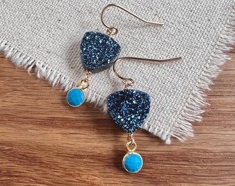 Blue Druzy Earrings, Turquoise Earrings, Druzy Jewelry, Gold Earrings, Gemstone Earrings