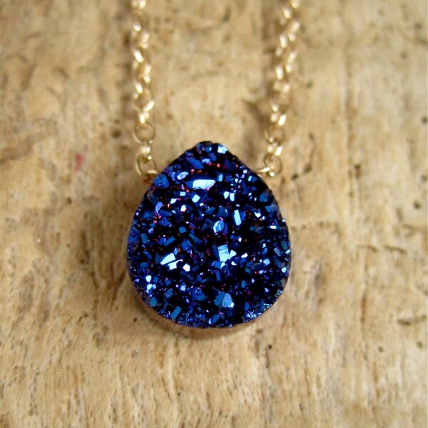 Blue Druzy Necklace Titanium Drusy Quartz 14K Gold Fill Chain