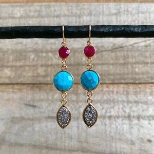 Triple Drop Earrings, Druzy Earrings, Statement Jewelry, Colorful Earrings, Long Linear Earrings, Gemstone Earrings