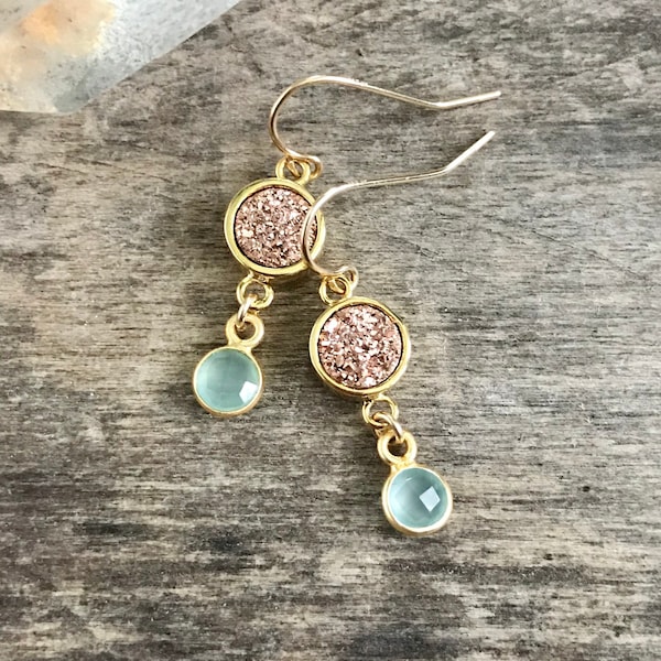 Rose Gold Druzy Earrings Drusy Quartz Sea Green Chalcedony 24K Gold Vermeil Bezel Set