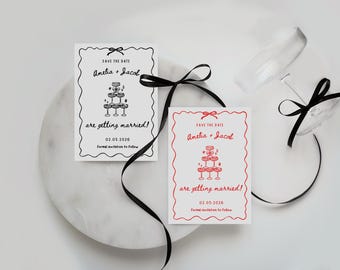 気まぐれなSave the Dateテンプレート、編集可能な結婚式招待状、手描きのシャンパンタワー、落書き風5x7カード、印刷可能な婚約招待状