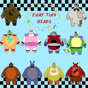 Puede incluir: Ilustración de nueve personajes de dibujos animados de la serie de videojuegos Five Nights at Freddy's, cada uno con una cabeza pequeña y un cuerpo grande. Los personajes son de varios colores, incluyendo marrón, naranja, rosa y verde, con el texto "FNAF TINY HEADS".