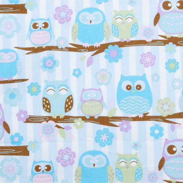 Purple and Blue Pastel Owls on a branch - Fabric - 1 yard - Precut