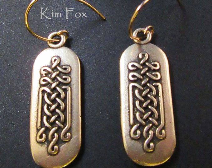 KFE375 Celtic Knot Tabular Earrings in Sterling Silver or Golden Bronze with silver or gold fill ear wires - designed by Kim Fox - 2 sided