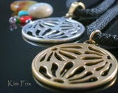 Round Asian Style Pendant of three pierced flower pattern designed by Kim Fox in Sterling Silver or Golden Bronze - Based on Japanese MON