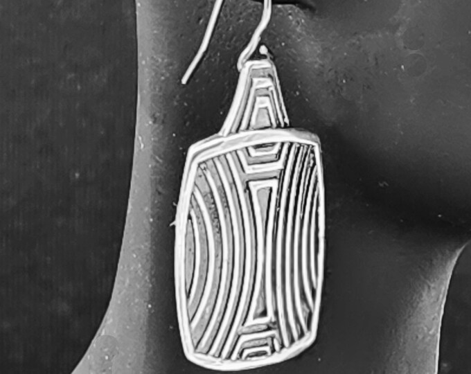 KFE525 Chartres Shield Earrings in Sterling Silver and Golden Bronze designed by Kim Fox. 1.5 inches by .75 inches in size on wires.