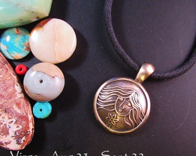 KFP171 Round Virgo Pendant - Aug 23 Sept 23 - in Golden Bronze or Sterling Silver- round pendant with generous bail - young girl with flower