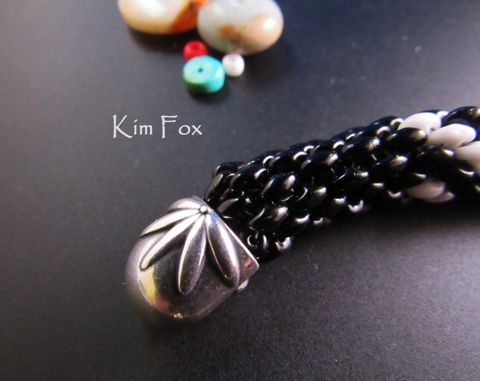 KF379 Floral Pattern Oval Cones in Sterling Silver & Bronze suitable for single or two strands - glue, cord or wire connection by Kim Fox