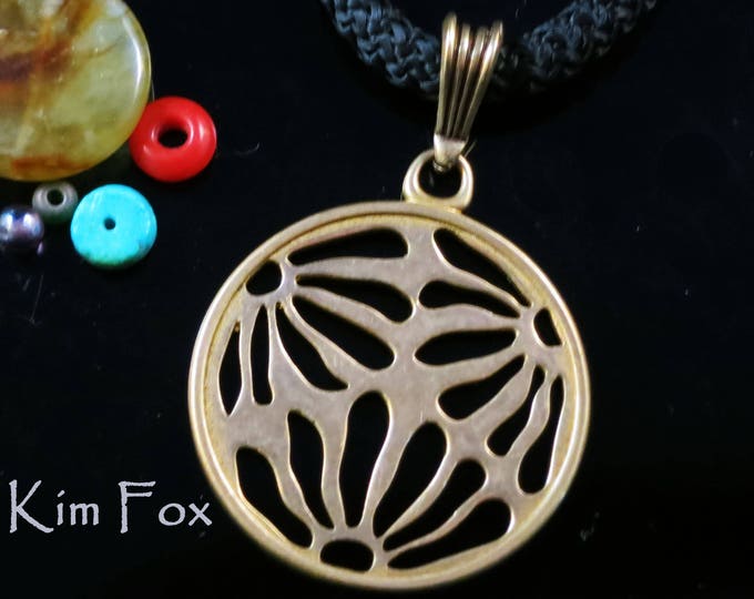 KFP372 Round Three Flower Asian Style Pendant of pierced flower pattern designed by Kim Fox in Bronze