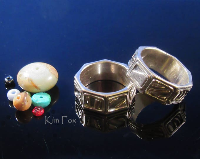 KFR316 Geo Ring - 8 sided band ring with 8 different designs - unisex - designed by Kim Fox in Sterling Silver