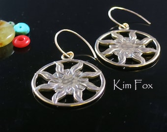 KFE334 Sun Dance Bronze or Silver Earrings 1 1/2 inch by 1 1/4 inch - light weight - two sided solar earrings by Kim Fox