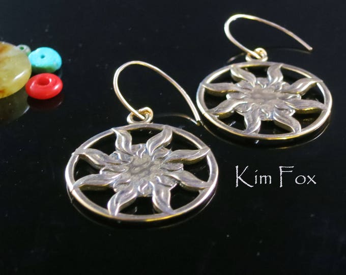 KFE334 Sun Dance Bronze or Silver Earrings 1 1/2 inch by 1 1/4 inch - light weight - two sided solar earrings by Kim Fox