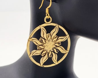KFE334 Sun Dance Bronze or Silver Earrings 1 1/2 inch by 1 1/4 inch - light weight - two sided solar earrings by Kim Fox