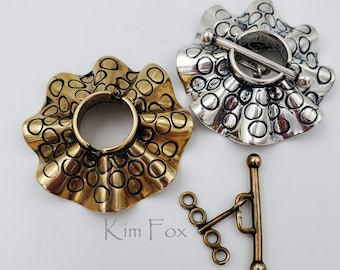 C 186 Larger Round Silver or Bronze Secure Toggle with 4 loops in Silver with Sea Urchin Pattern by Kim Fox