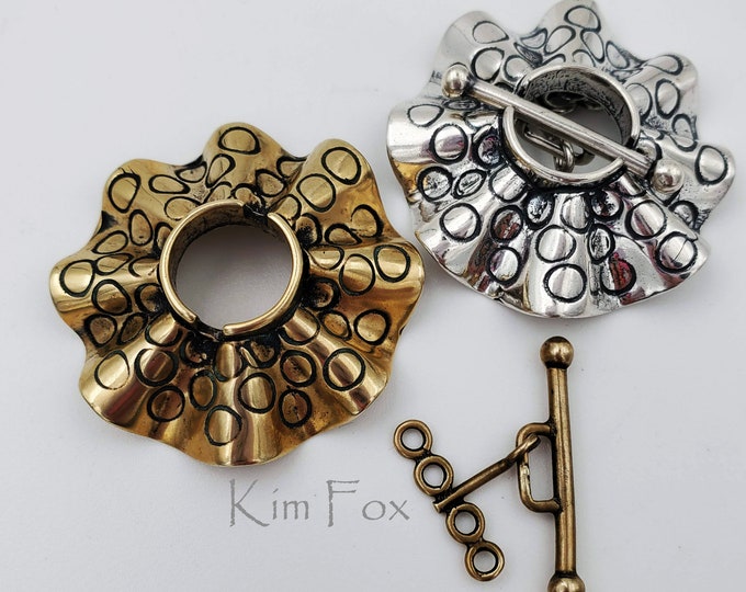 C186 Larger Round Silver or Bronze Secure Toggle with 4 loops in Silver with Sea Urchin Pattern by Kim Fox