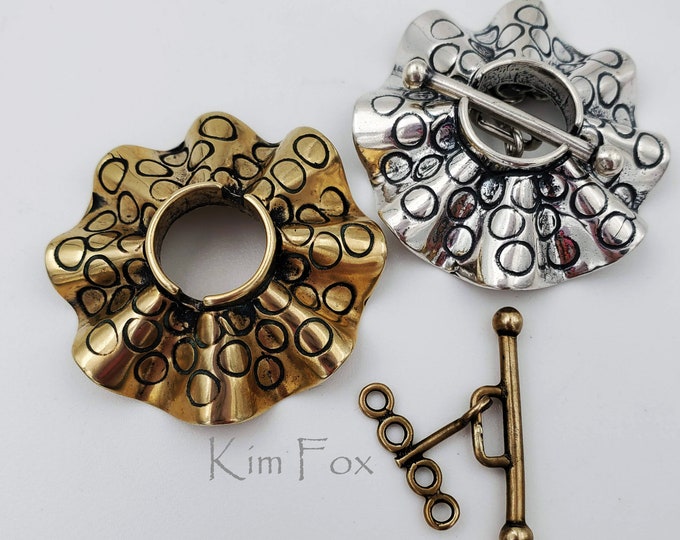 C186 Larger Round Silver or Bronze Secure Toggle with 4 loops in Silver with Sea Urchin Pattern by Kim Fox