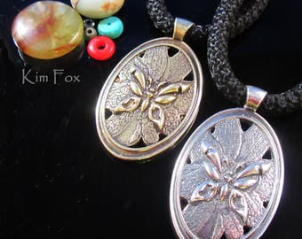 KFP361 Oval Butterfly Pendant of Butterfly on a Wild Rose - Symbol of Transformation - In bronze and sterling silver