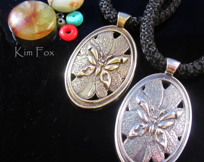 KFP361 Oval Butterfly Pendant of Butterfly on a Wild Rose - Symbol of Transformation - In bronze and sterling silver