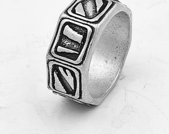 KFR316 Geo Ring - 8 sided band ring with 8 different designs - unisex - designed by Kim Fox in Sterling Silver