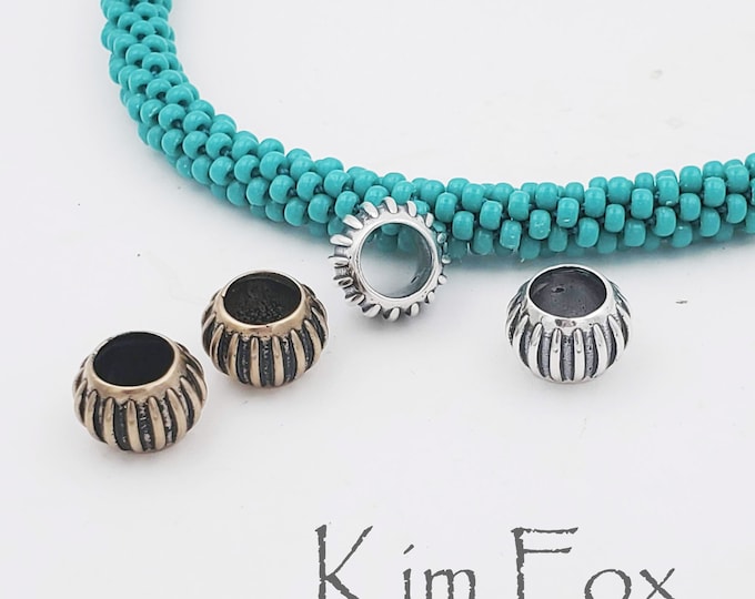 KF453 Pair of Melon Shaped Big Hole Beads in Silver and Bronze designed by Kim Fox