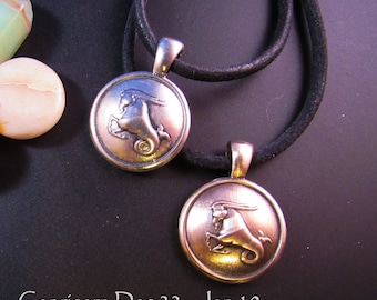 KFP168 Round Capricorn Pendant - December 22 - January 19- Capricorn Sea Goat in Solid Golden Bronze or Sterling Silver by Kim Fox